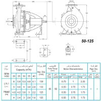 ابعاد و اندازه الکترو پمپ پمپیران مدل 125-50 با الکتروموتور 1 اسب 1450 دور